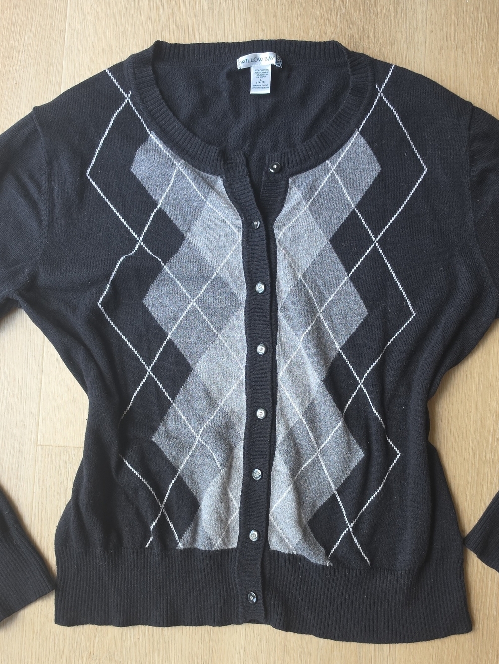 Willow Black Cardigan with Gray Argyle Front